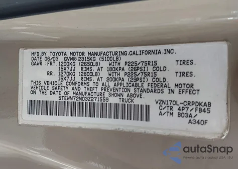 2003 Toyota Tacoma Base V6 из США, поврежденный, VIN 5TEWN72N03Z271559